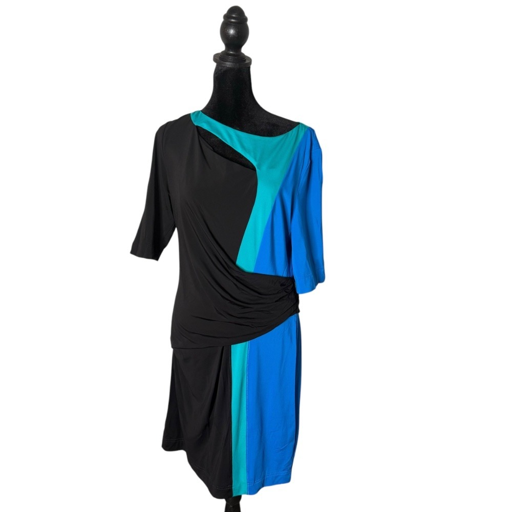 Color Block‎ Ruched Cocktail Dress Cut Out Womens 12 Blue Green Stretch Party